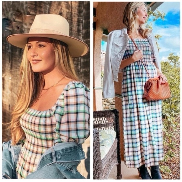 Anthropologie Maeve Cerie Smocked Plaid Maxi Dress Boho Square Neck Size Large - Picture 9 of 14